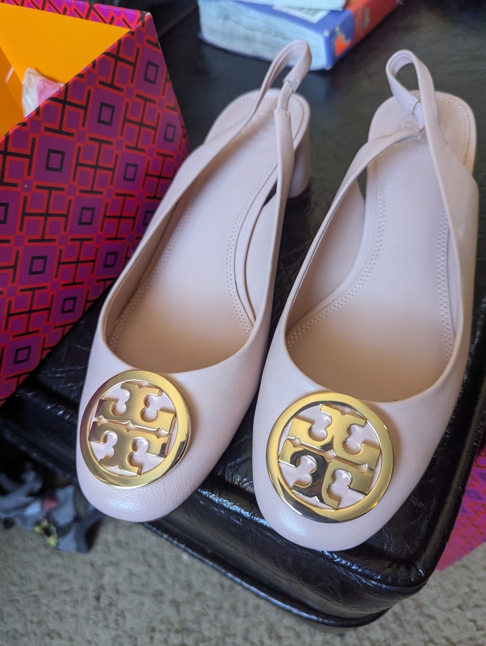 New Tory Burch Blush Leather Slingback Flats with Gold Logo